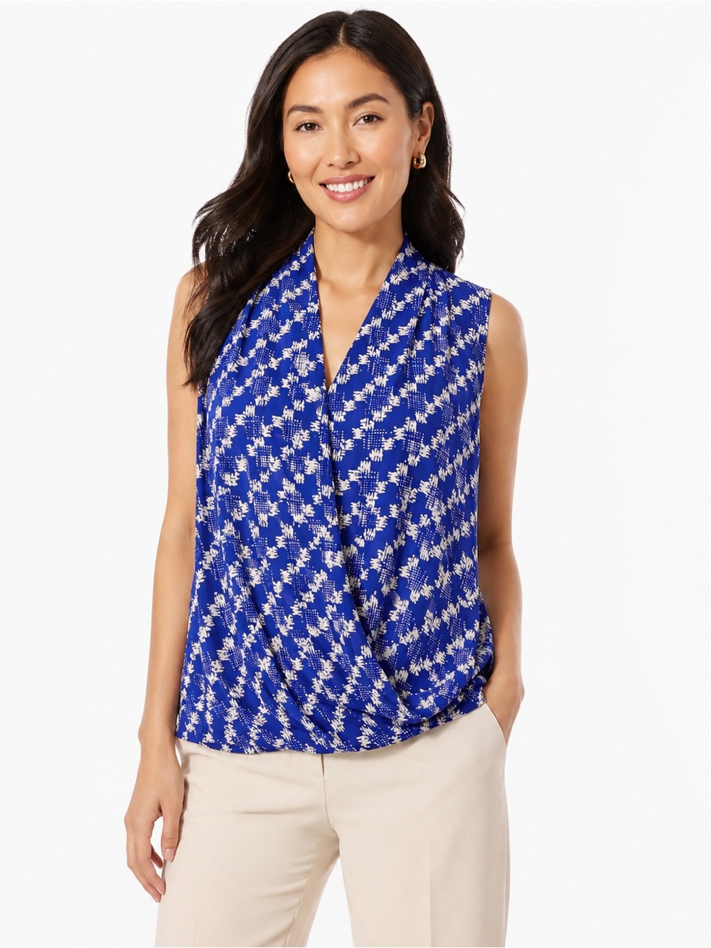 Pleione Blue White Abstract Print Wrap Front Sleeveless Blouse Size M